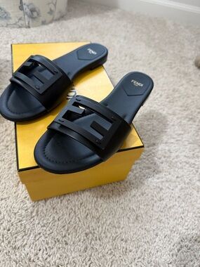 Fendi Black Rubber FF Cutout Slide Sandals